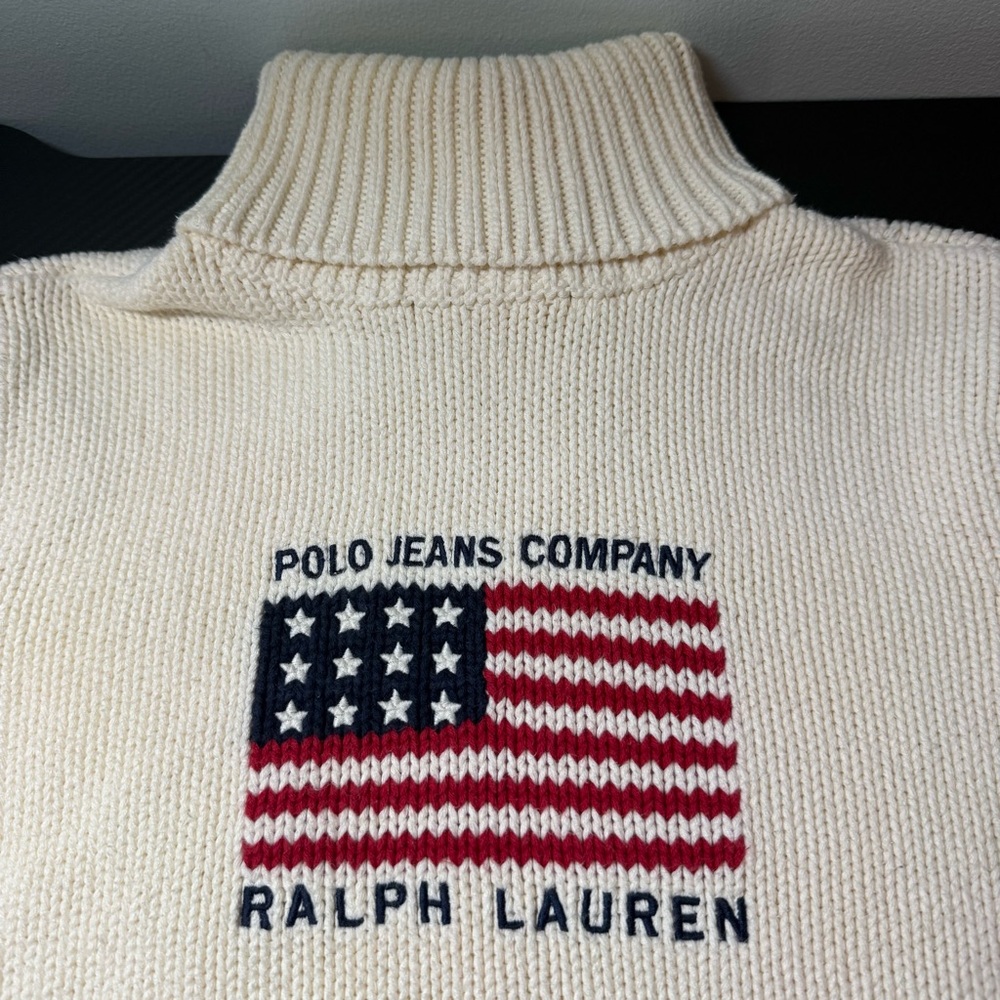 🇺🇸 Youths Vintage Polo Jeans Co. Ralph Lauren Flag Turtleneck USA Flag Sweater L - Picture 3 of 14
